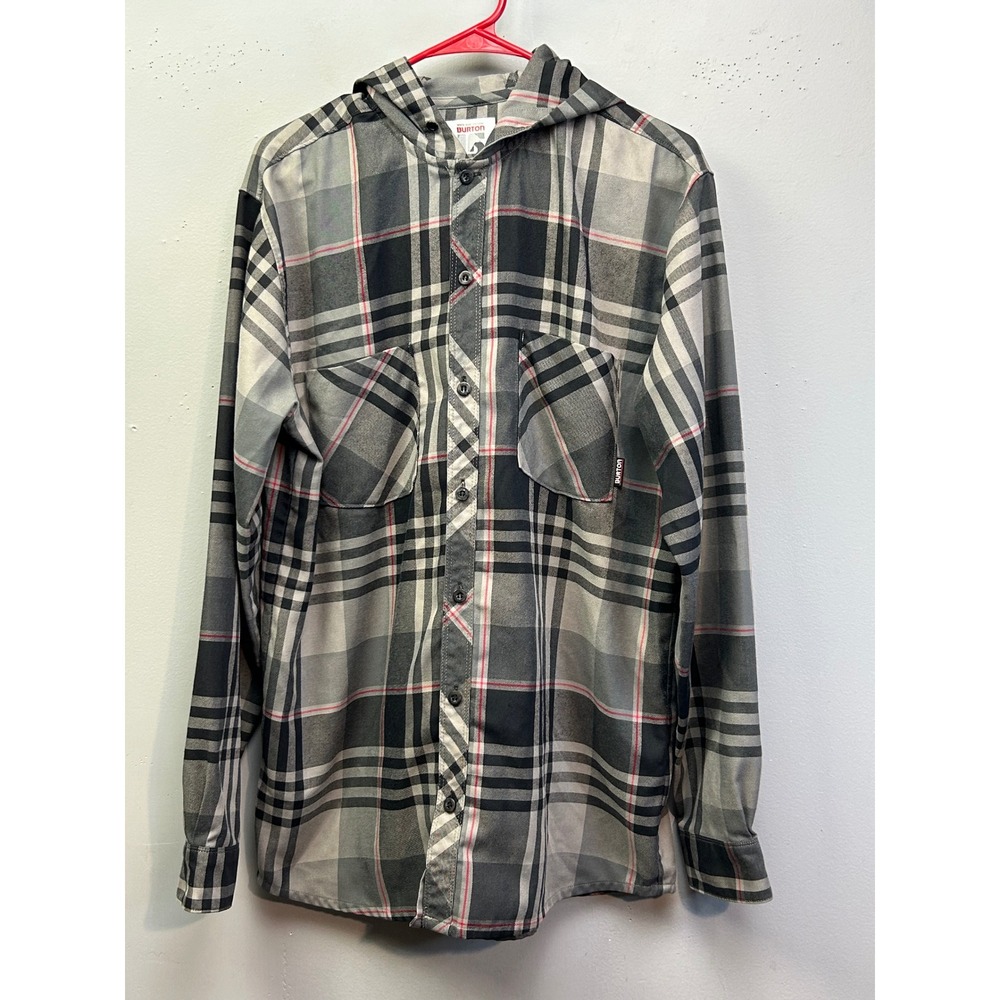 Burton Flannel Hoodie Mens Medium Grey Plaid Rukus DryRide Button Up Shirt‎